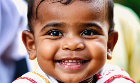 A young child smiles brightly for the camera while sitting in a parkの素材