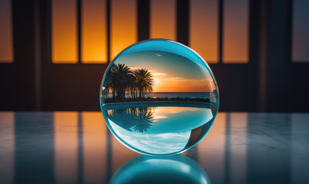 A glass sphere captures a beautiful sunset over a beach with palm trees, reflecting the scene on a tableの素材