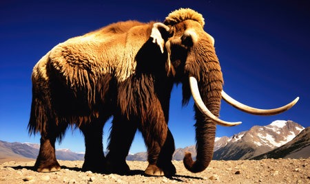 A woolly mammoth walks across a rocky plain in front of snow-capped mountainsの素材