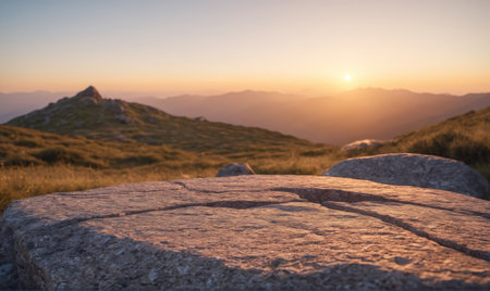 A large rock sits atop a mountain overlooking a breathtaking sunset over the distant hillsの素材