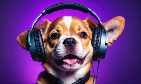 A dog wearing headphones looks directly at the camera with a happy expressionの素材
