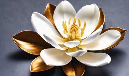 A white magnolia flower with gold-tipped petals blooms against a dark gray backgroundの素材