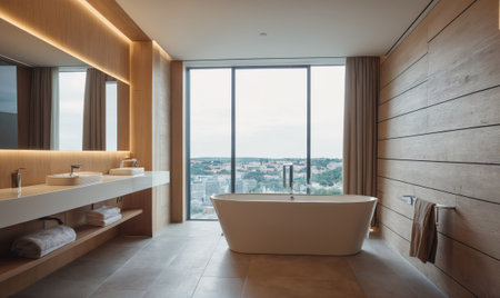 A modern bathroom with a large window overlooking a city, featuring a freestanding bathtub and a double vanity with sleek fixturesの素材