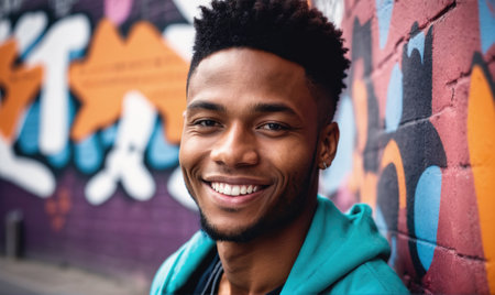 A young man smiles brightly in front of a colorful brick wallの素材