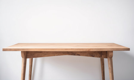 A wooden table sits in front of a white wallの素材