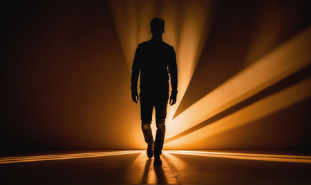 A silhouette of a man walks towards a bright light, his path illuminated by streaks of golden lightの素材
