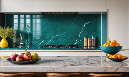 A modern kitchen countertop with a marble finish and a teal backsplashの素材