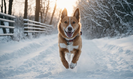 A happy dog runs through the snow on a winter dayの素材