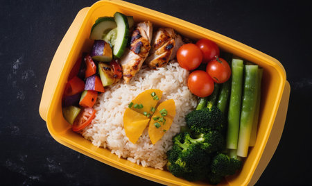 A healthy lunch packed in a yellow container with grilled chicken, rice, broccoli, cucumbers, tomatoes, and asparagusの素材