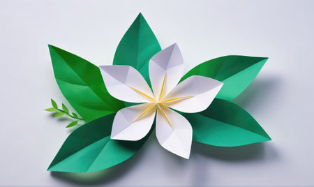 A white paper flower with green leaves, made with origami, on a white backgroundの素材