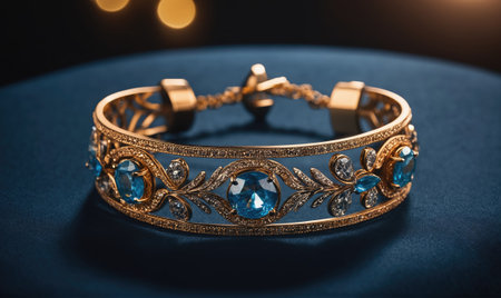 A gold bracelet with blue gemstones and intricate detailing sits on a blue backgroundの素材