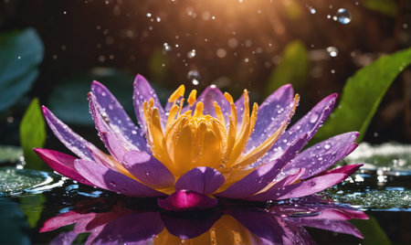 A beautiful purple and yellow flower with droplets of water on itの素材