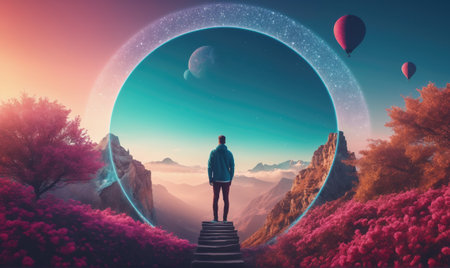 A lone figure stands on a set of stairs, gazing at a glowing ring that surrounds a mountain rangeの素材