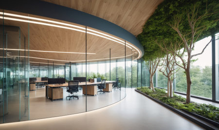 A modern office space with large windows and trees lining the perimeterの素材