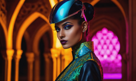 A woman with dark hair and makeup wears a futuristic helmet and ornate clothing, standing in a dimly lit hall with arched doorwaysの素材