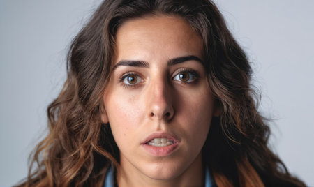 A woman with dark hair looks directly at the camera with a serious expressionの素材