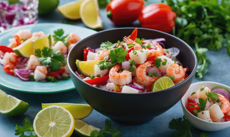 A bowl of fresh shrimp ceviche with lime, onion, and cilantroの素材