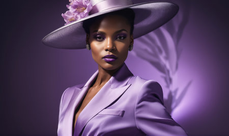 A woman in a purple suit and hat with floral accents looks directly at the cameraの素材