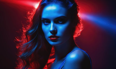 A woman poses in a studio with blue and red lightingの素材