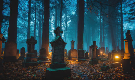 A foggy graveyard in the woods at night, with tall trees and many tombstonesの素材