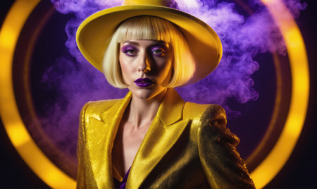 A woman in a yellow suit and hat poses in front of a purple smoke backdropの素材