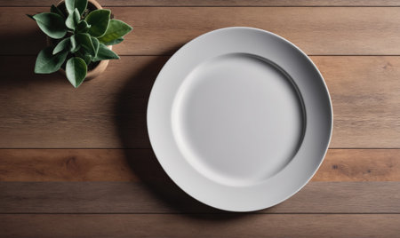 A white plate sits on a wooden table, ready to be filled with a delicious mealの素材