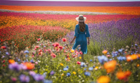 A woman in a blue dress walks through a field of colorful flowersの素材