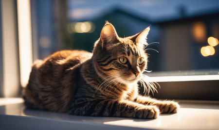 A tabby cat sits on a window sill, watching the world go by outsideの素材