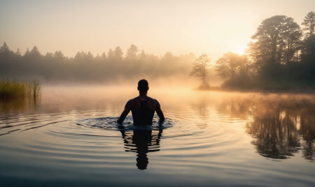 A man swims in a lake at sunrise, surrounded by mist and treesの素材