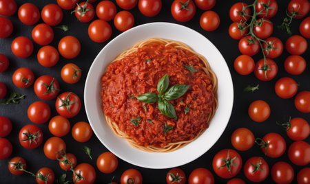 A white bowl of spaghetti with red sauce and basil on topの素材