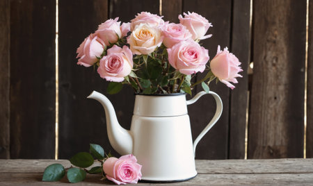 A bouquet of pink roses sits in a white teapot on a rustic wooden table, in front of a dark wooden fenceの素材