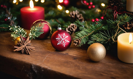 A red Christmas ornament with a snowflake design sits on a wooden table among pine branches, candles, and other ornamentsの素材