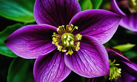 A close-up of a vibrant purple flower with yellow pollen, showcasing its intricate detailsの素材