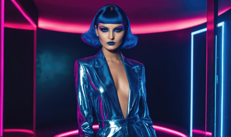 A woman with bright blue hair poses in a metallic blue suit against a backdrop of neon lightsの素材