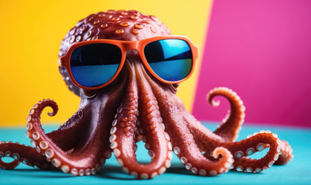 An octopus wears sunglasses in front of a yellow and pink backgroundの素材