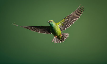 A green and brown bird flies through the air against a green backgroundの素材