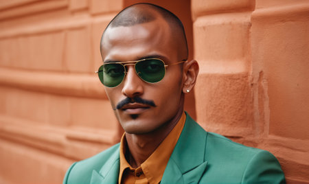 A man in a green suit and sunglasses stands against a peach-colored wallの素材