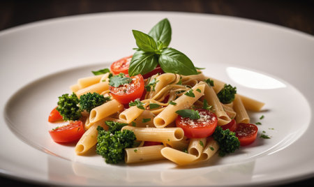A plate of pasta with cherry tomatoes, broccoli, and basilの素材