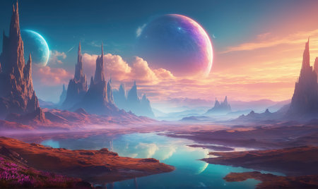 A picturesque alien landscape with tall, rocky mountains and a serene lake at sunset, all under a sky with two large moonsの素材