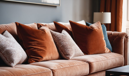 A plush, brown couch with decorative pillows sits in a well-lit living roomの素材