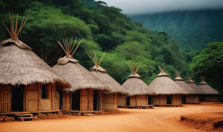 Traditional thatched huts in a jungle villageの素材