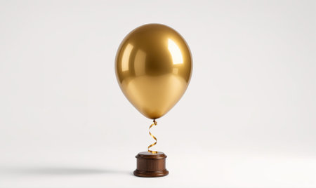 A gold balloon is attached to a small wooden base with a coiled ribbonの素材