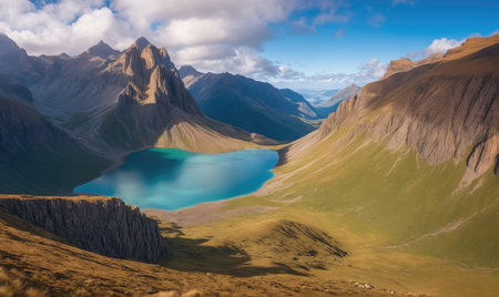 A serene mountain lake nestled amongst the peaks in the Caucasus Mountainsの素材