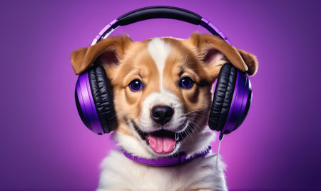 A puppy wearing purple headphones smiles at the cameraの素材