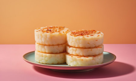 A stack of five rice cakes topped with toasted coconut sits on a blue plateの素材