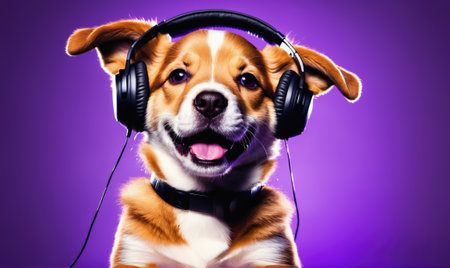 A happy puppy is wearing headphones and listening to music against a purple backgroundの素材