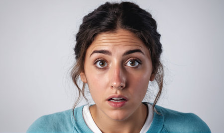 A woman with dark hair and a surprised expression stares directly at the cameraの素材