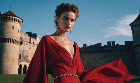 A woman in a red dress stands in front of a stone castle on a sunny dayの素材