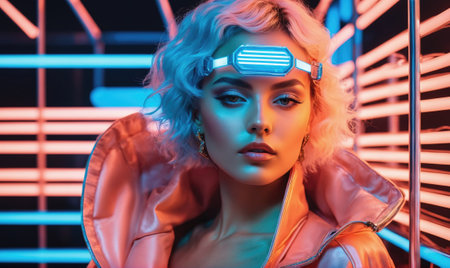 A woman with blue hair and a futuristic headband poses in a brightly lit spaceの素材