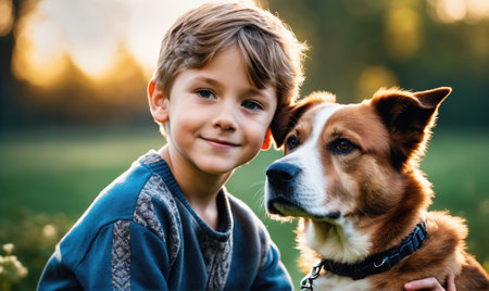 A young boy smiles at the camera while his dog looks to the side, enjoying a sunny afternoon in the parkの素材